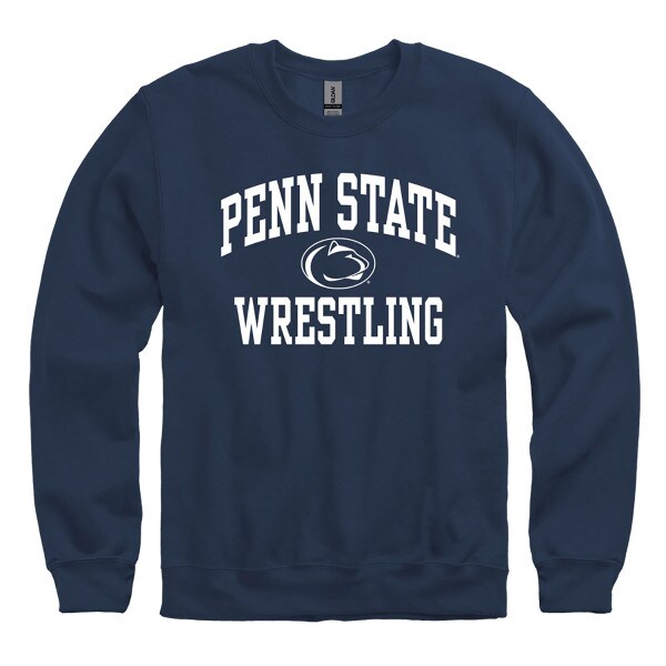 navy crew neck sweatshirt with Penn State arched above Athletic Logo and Wrestling